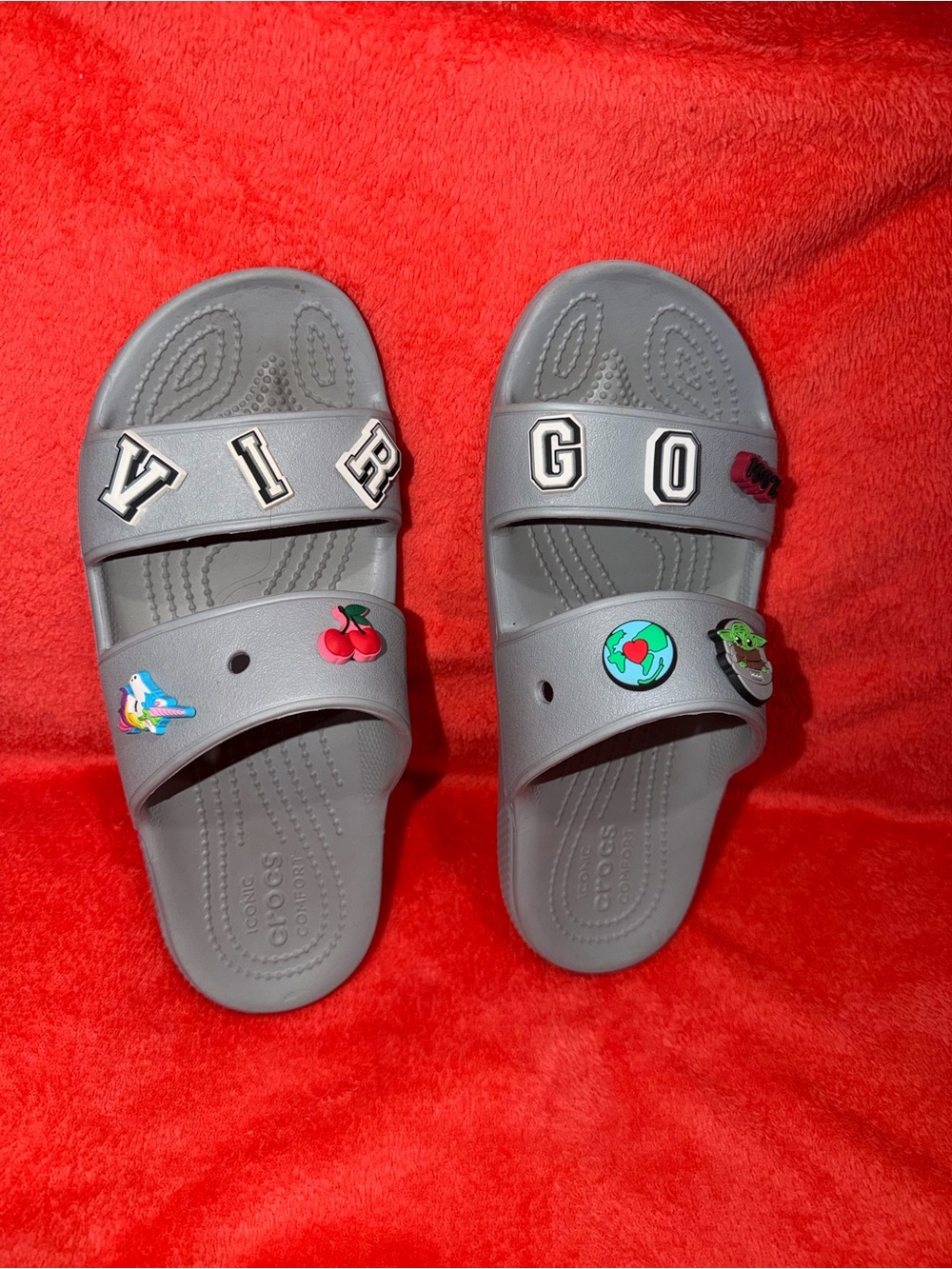CROCS Kids Gray Slide Sandals with Decorative Jibbitz Charms